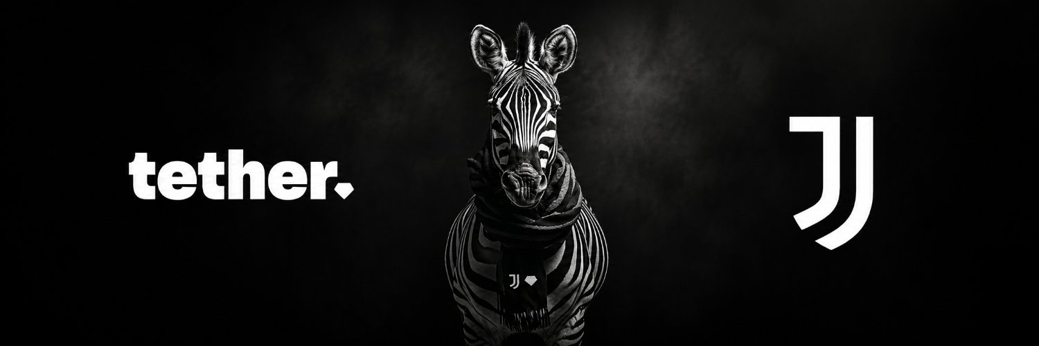 A zebra in a Juventus scarf standing between the Tether wordmark and the Juventus crest
